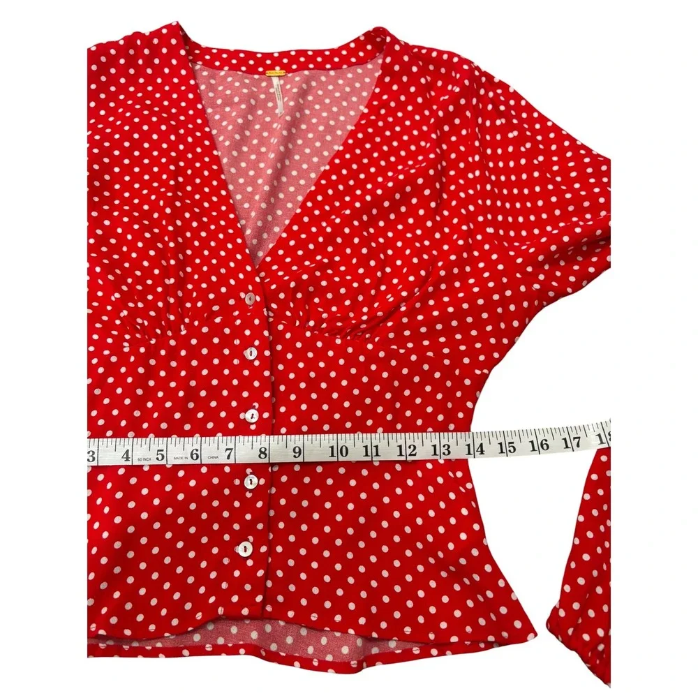 Free People Love Street Red Polka Dot Top S Puff Sleeve Peplum Feminine Retro